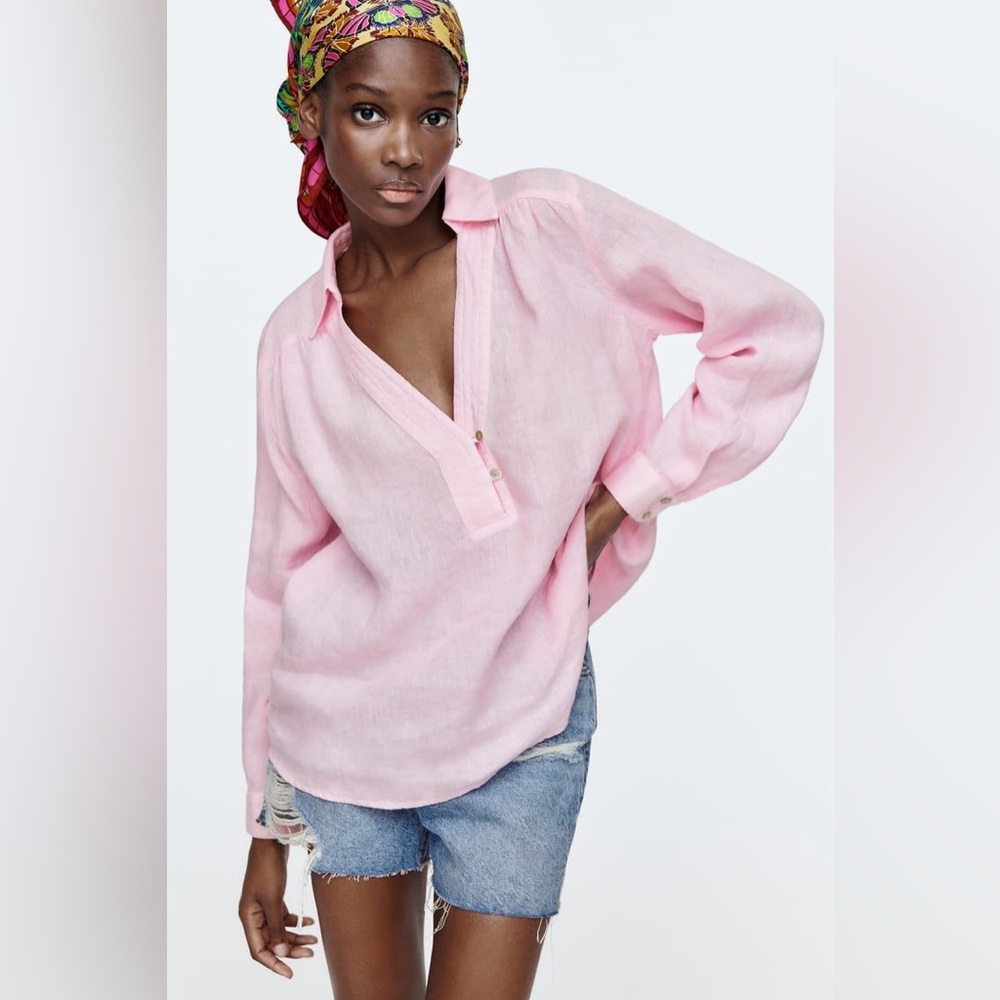 Zara linen V-neck popover long sleeve
